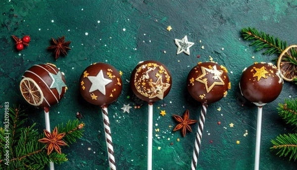 Fototapeta Festive chocolate cake pops decorated with stars and dried orange slices.