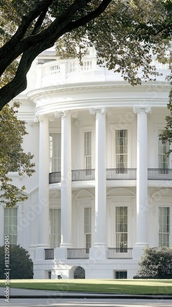 Fototapeta Exterior view of the White House in Washington D.C., showcasing its architecture, columns, and surrounding trees, captured during daylight.