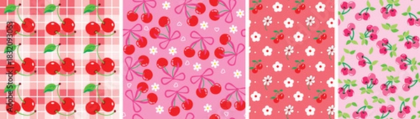 Fototapeta Cute cherry seamless pattern set of four vector design for T-shirt, wrapping paper, digital printing, wallpaper, rotary print.