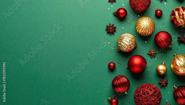 Obraz Festive Christmas ornaments and star anise scattered on a dark green background.