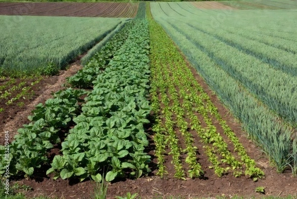 Obraz Farm Field Rows: A symmetrical vista of a vast farm field, cultivated with organized rows of lush, green vegetation, displaying nature's bounty and agricultural precision.