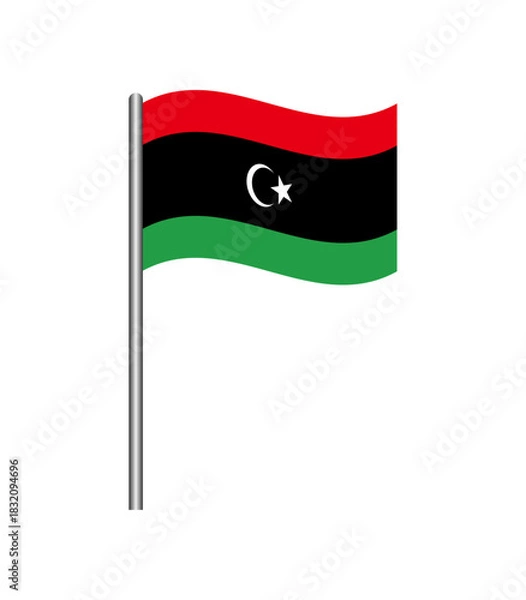 Obraz Vector illustration of Libya flag waving on flagpole, isolated on white background. Perfect for design, educational, and patriotic projects