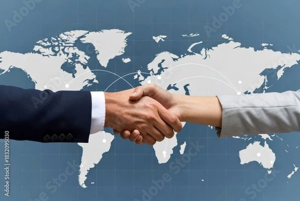 Obraz Global Agreement: Illustrating a handshake of partnership. A powerful visual representing international cooperation and understanding, set against the backdrop of a global map.