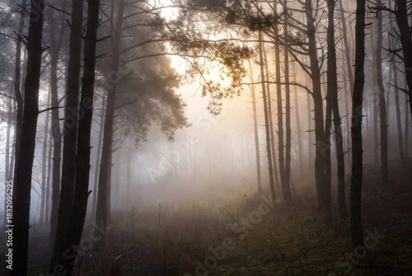 Obraz Mystic Forest: A mesmerizing scene of a forest shrouded in mist, with sunlight gently filtering through the towering trees, creating a serene and ethereal atmosphere.