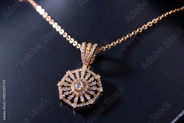 Fototapeta Golden Necklace's Opulence: A captivating view of a stunning pendant necklace resting gracefully, its delicate chain and ornate design highlighting its captivating beauty. 