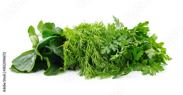 Fototapeta Fresh arugula dill and parsley leaves isolated on white background.