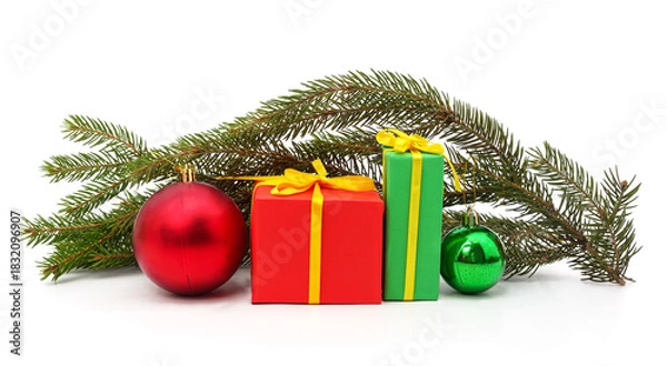Fototapeta Christmas fir branch with decorations and gift boxes.