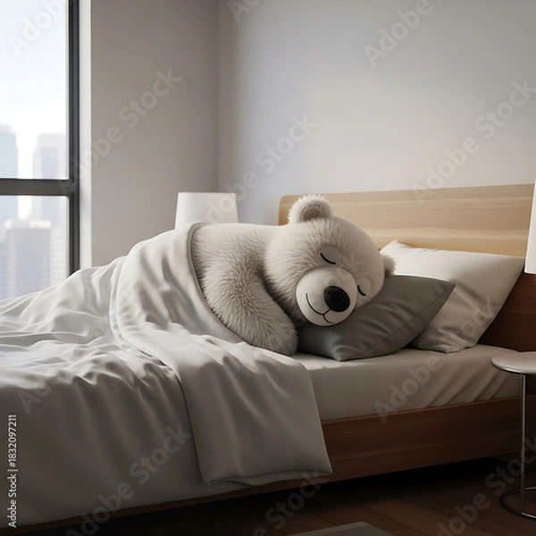 Obraz A big white teddy bear peacefully sleeping in a cozy bed