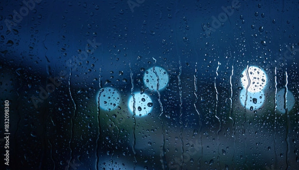 Obraz Night blue raindrops texture on glass with bright color pattern