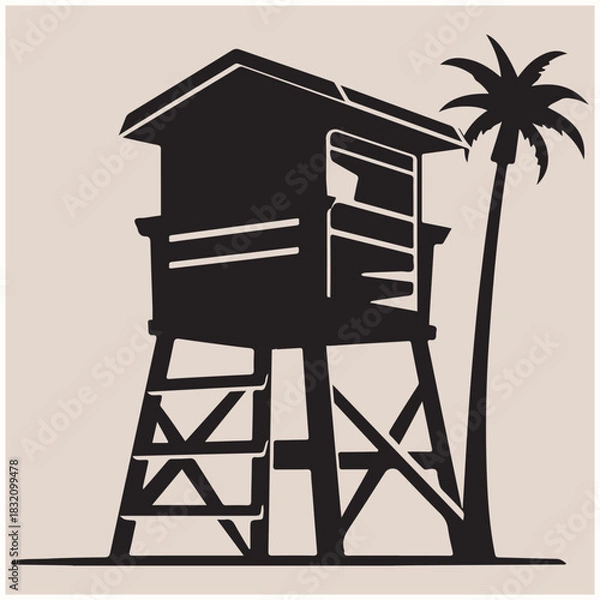 Fototapeta Beach Lifeguard Tower with Palm Tree Silhouette, Beach