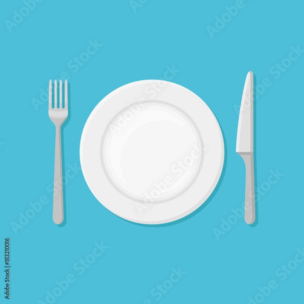 Obraz Empty plate with fork and knife isolated on blue background. Top view. Flat style vector illustration.