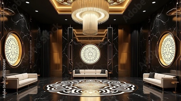 Obraz Ultra-high resolution rendering: Neo-Deco grand hall with black marble walls etched with Art Deco patterns, pulsing OLED lighting, and a liquid crystal filament chandelier changing shape.