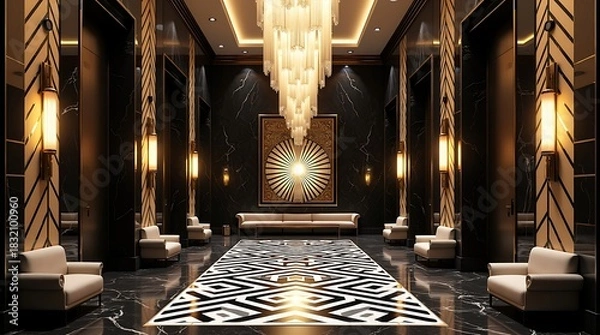 Obraz vFlawless rendering of dark marble and transparent OLED: Luxurious Art Deco hall with walls pulsing with geometric OLED light patterns and a multi-layered liquid crystal filament chandelier.