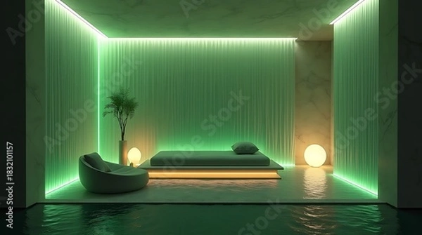 Obraz Clean, serene, and deeply immersive: Interior rendering of a smart home retreat, featuring breathable biocomposite walls with a calming bioluminescence and a heated polished river stone floor.