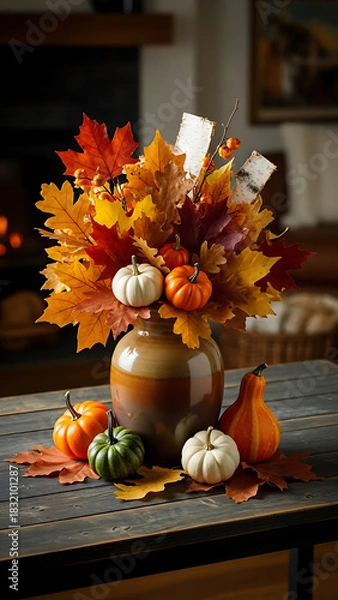 Obraz Cozy Fall Arrangement Featuring Pumpkins and Vibrant Leaves