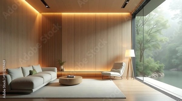Obraz Adaptive smart living space: Wood wall subtly shifts color/texture to match occupant's stress levels, with glowing ambient light strips and a transparent OLED window displaying a dynamic virtual rainf