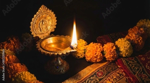 Fototapeta Golden diya glowing in darkness, symbolizing tradition and festive spirit in Indian culture