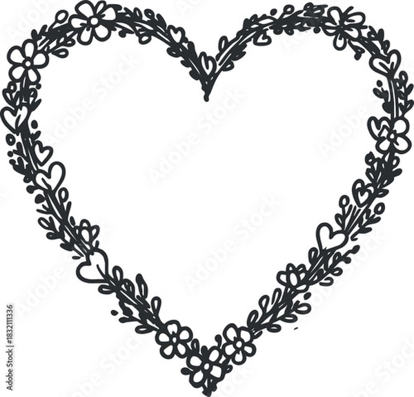 Fototapeta A decorative heart shape filled with intricate floral patterns in black outline vector style, perfect for romantic designs and crafts