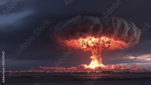 Fototapeta Dramatic illustration of nuclear explosion with powerful mushroom cloud rising into sky. artwork conveys destruction, tension, global danger, strong emotional impact