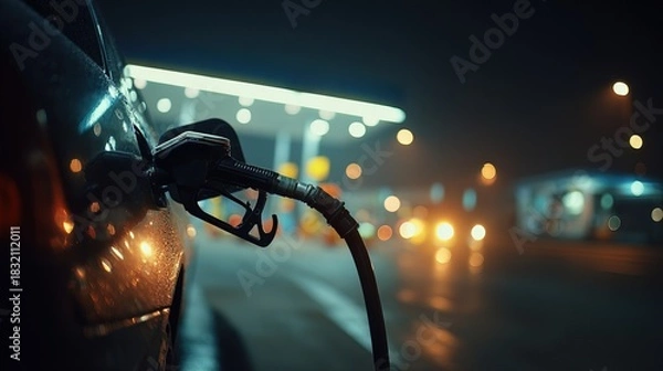 Fototapeta Close-up of car refueling at night under artificial light. scene conveys modern lifestyle, urban environment, convenience, ideal for automotive visuals, fuel station concepts and commercial projects