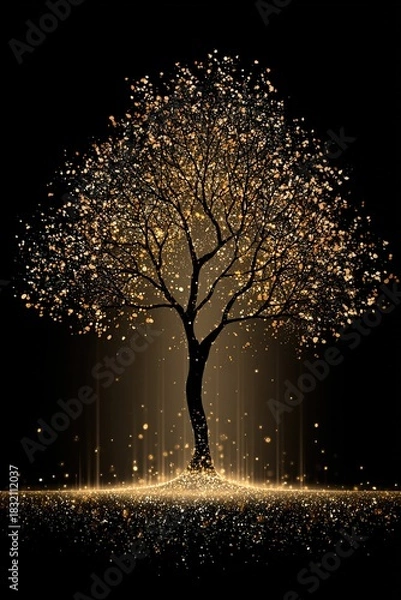 Fototapeta Elegant tree silhouette illustration with shimmering golden leaves and soft glowing light. image emphasizes harmony, refined aesthetics, perfect for posters, digital media, home decor concepts