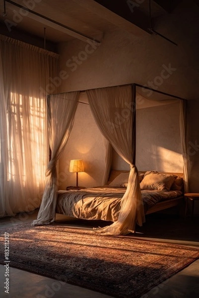Fototapeta Vertical minimalistic photo of bedroom with canopy bed, rug and lamp illuminated by warm light. ideal for interior design, lifestyle visuals, home decor inspiration, real estate marketing