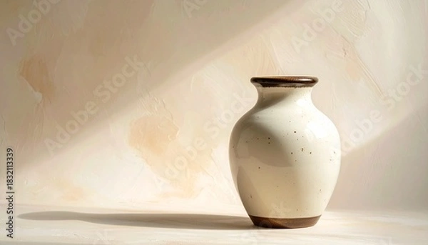Obraz Ceramic Vase with Dark Rim on Beige Textured Background in Minimalist Artistic Composition