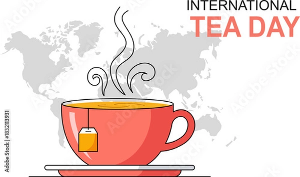 Obraz International Tea day vector background with teacup colorful drawing art illustration, border, banner with lettering international tea day. Illustration with slogan for print, banner, flyer, poster.
