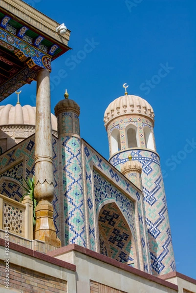 Fototapeta Uzbekistan architecture in Samarkand and Bukhara with intricate mosaics blue domes ancient madrasas Islamic patterns historic monuments vibrant tilework and cultural heritage in bright daylight