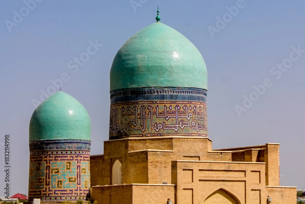 Fototapeta Uzbekistan architecture in Samarkand and Bukhara with intricate mosaics blue domes ancient madrasas Islamic patterns historic monuments vibrant tilework and cultural heritage in bright daylight