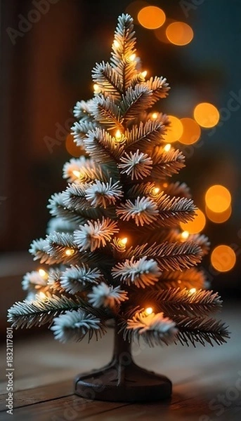 Fototapeta A small christmas tree with lights sits on a wooden floor indoors