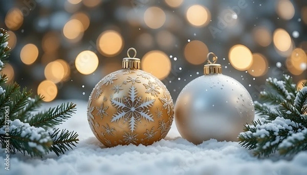 Fototapeta Festive christmas background with ornaments and confetti on green surface