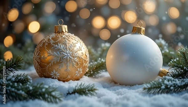 Fototapeta Festive christmas background with ornaments and confetti on green surface