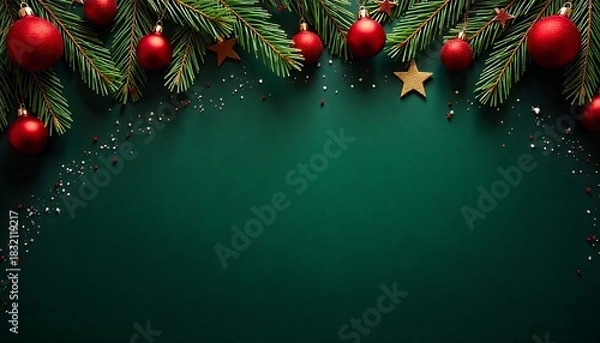 Fototapeta Festive christmas background with ornaments and fir branches on dark green