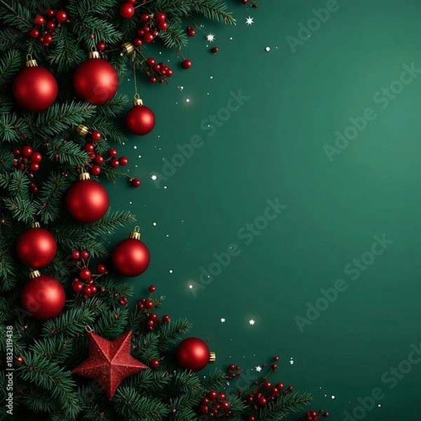 Fototapeta Festive christmas background with red ornaments and pine branches on green