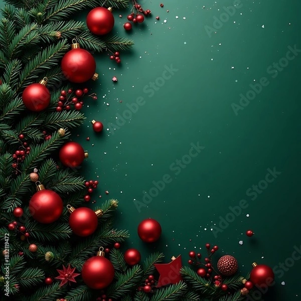 Fototapeta Festive christmas background with red ornaments and pine branches on green