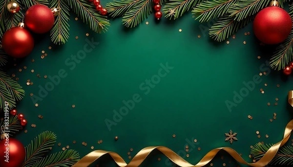 Fototapeta Festive christmas frame with red ornaments and pine branches on green background