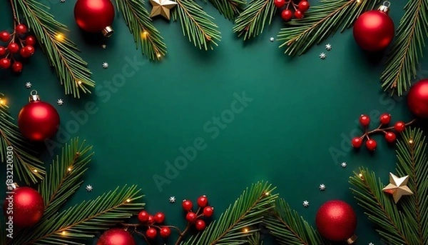 Fototapeta Festive christmas frame with red ornaments and pine branches on green background