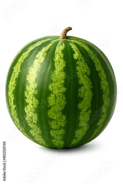 Fototapeta Whole fresh watermelon with green striped rind isolated on a transparent background, ideal for food packaging design, grocery advertising and healthy fruit product design, watermelon cutout image, PNG