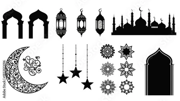 Fototapeta A collection of black silhouette vectors featuring Islamic architectural elements, lanterns, crescent moon, stars, and geometric patterns, ideal for Ramadan and Eid decorations.