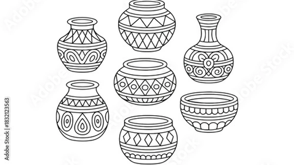 Fototapeta Seven outlined pots and vases with various patterns in black and white