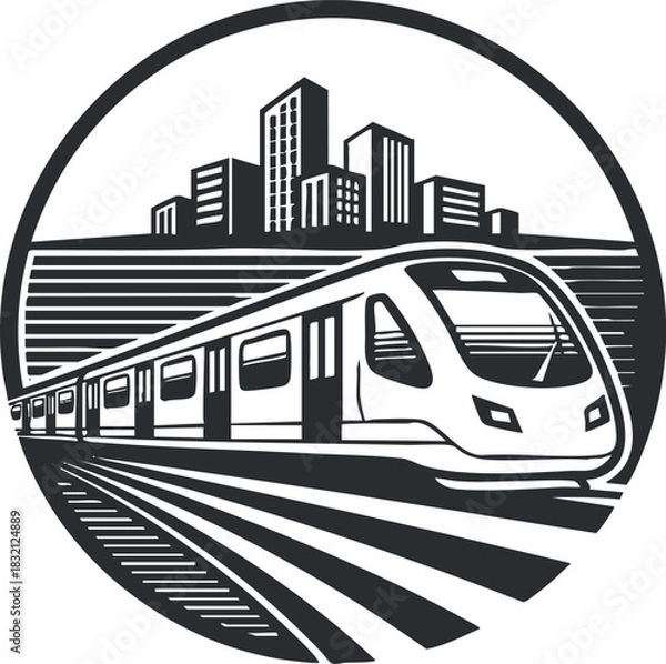 Fototapeta A modern train passing through a city skyline in black and white vector style, ideal for transportation-themed projects