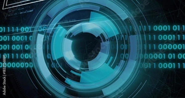 Obraz Displaying central circular HUD rotating in virtual dark tech background, with binary code streams