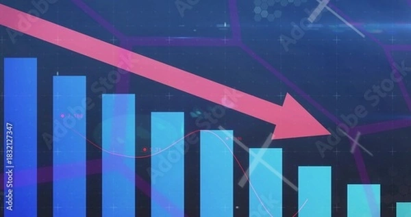 Obraz Displaying magenta arrow crossing blue cyan bar chart on dashboard, showing magenta line markers
