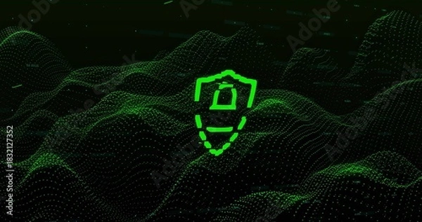 Obraz Pulsing centered neon-green shield icon hovering over virtual point-cloud terrain, with dotted mesh