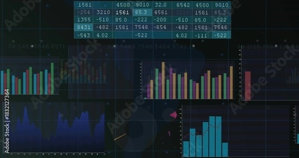 Obraz Displaying dark analytics dashboard on screen, showing cyan table, bar charts, area chart, grid