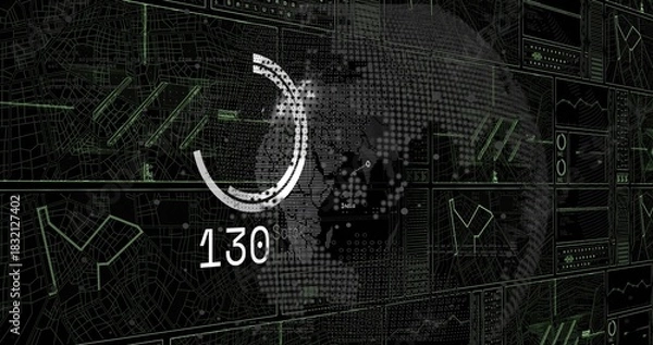 Obraz Displaying central console showing white progress ring numeric 130 over dotted globe and map tiles