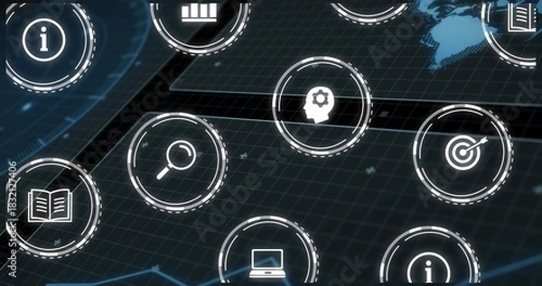 Obraz Floating translucent HUD icons hovering over dark 3D grid, showing magnifying glass, globe