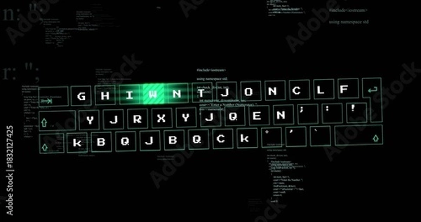 Fototapeta Glowing stylized keyboard showing neon outlines and green backlight in digital canvas, with code