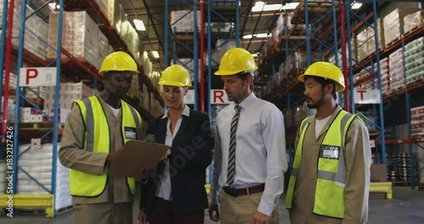 Obraz Inspecting team of four checking clipboard in warehouse aisle, wearing hard hats hivis vests jacket